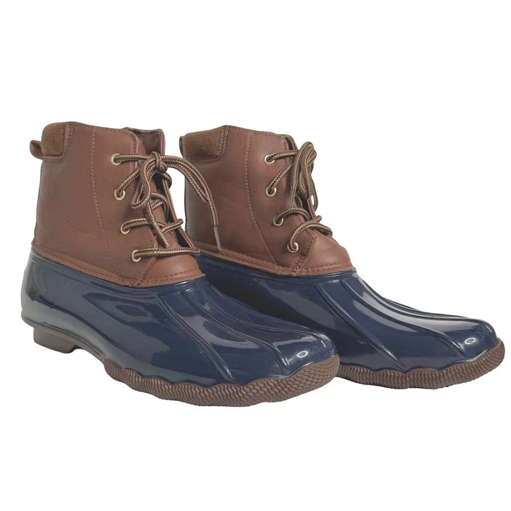 Jessica Carlyle Gavin Rain Snow Duck Boots Navy Blue Brown Womens Size 11